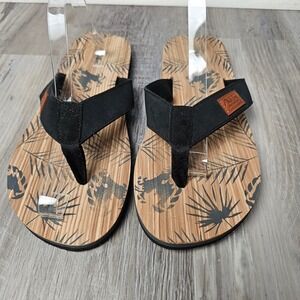 Air Balance Mens 12 Flip Flop Sandals Black Tan Palm Print Beach Casual